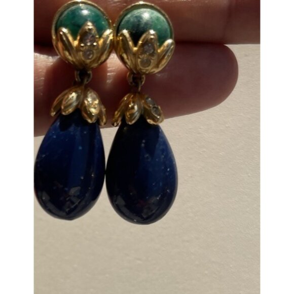 Vintage Neoclassical Faux Malacite & Faux Lapis Lazuli Gold Tone Earrings Boho - Picture 3 of 11